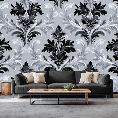 Générique Papier Peint Intissé Panoramique Élégant Artistique Vintage Floral, Papier Peint Photo Noir Et Blanc - Fresque Murale Décoration Pour Salon Chambre Chambre D'Enfant, 400 x 280 cm (L x H)