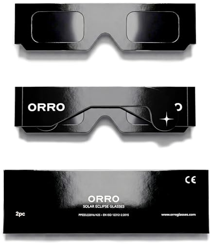 ORRO Occhiali per eclissi solare Classic 37 mm Confezione da 2, Nero, Protezione occhi certificata, Testati EN ISO 12312-2:2015, Marcatura CE per osservare direttamente il sole in sicurezza