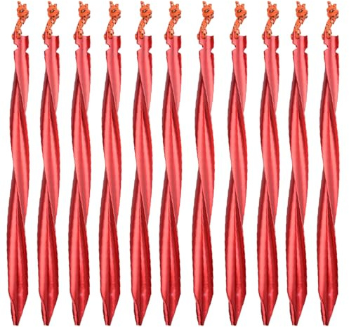 Azarxis 25 cm Picchetti per Tenda da Campeggio Spiaggia Montagna 10 Pezzi Picchetti Lunghi in Alluminio per Tenda Telo Tarp Sottotenda Pesca Caccia (Rosso - Prisma Spirale - 25 cm)
