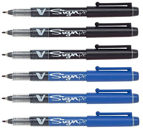 Pilot Pens V Sign Felt Tipped fineliner Liquid Ink Pen, Bold Point, Black & Blue Bundle, 6 Pen