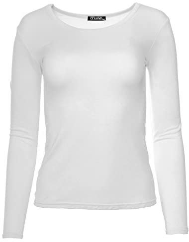 Easy Young Fashion - Damen Basic Rundhals Shirt - Langarm Unterziehshirt - Skinny Fit 1093 - Weiß L