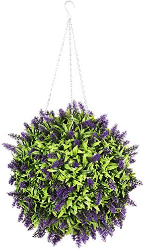 Warmiehomy Artificial Lavender Topiary Ball Hanging Fake Flower Ball Faux Floral Bouquet with Hanging 3 Way Chain Garden Outdoor Decoration Purple 25CM