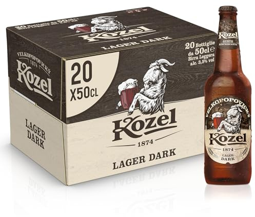 Kozel Birra Lager Dark, Cassa Birra con 20 Birre in Bottiglia da 50 cl, 10 L, Gusto Morbido e Rinfrescante, Gradazione Alcolica 3.5% Vol