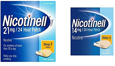 Nicotinell Nicotine Patch, Quit Smoking Aid Step 1, 24 Hour Patch, 21 mg, Pack of 7 & Nicotine Patch Stop Smoking Aid Step 2, 14 mg 24 Hour 7 Patches