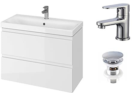 VBChome Badmöbel 80 cm Weiß – Waschtisch mit Armatur und Pop-up Ventil – Waschbeckenunterschrank mit 2 Soft-Close Schubladen – Keramik-Waschbecken 80x45 cm – Modernes Design für Badezimmer