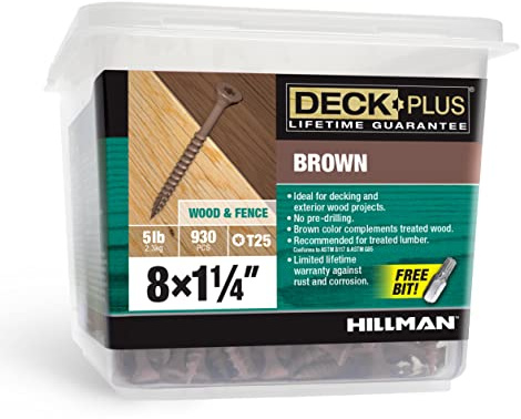 Deck Plus 1-1/4 Inch Epoxy Coated Exterior Wood and Fence Screws #8 x 1-1/4 Torx/Star Drive Included Coarse Thread, Outdoor Rust Resistant Decking Screw, Brown, 5 lb Box, 930 Pieces | 49001