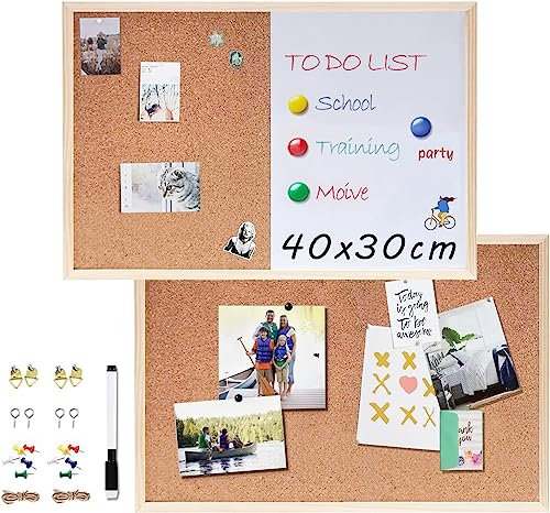 EasyVibe 2 Stück Kork Pinnwand (1 Korkplatte + 1 Kork-Whiteboard-Kombination) 40 x 30cm, Hängende Korktafel für Wände mit Holzrahmen, Notiztafel Vision Board zum Anzeigen von Terminen Fotos & Memos