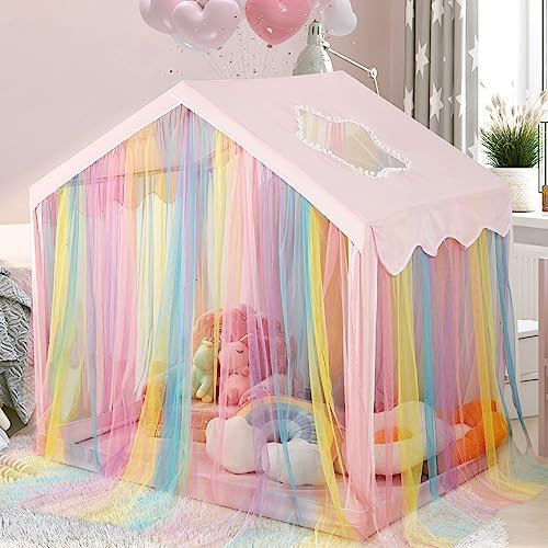 Kids Play Tent for Girls, Large Indoor & Outdoor Playhouse with Rainbow Mesh & Star Shape Window, Imaginative Toddler Game Tent for Kids Ages 3-8, Portable Children's Fort