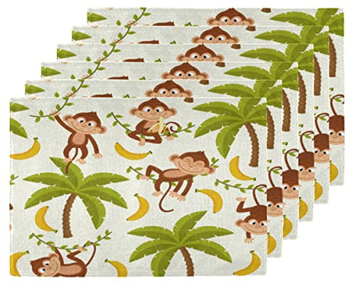 Tischsets mit Affen-Bananenbaum, waschbar, hitze- und schmutzabweisend, für Küche, Esstisch, Dekoration, 30,5 x 45,7 cm, Leinen-Stil, langlebige Tischsets