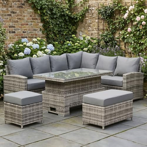 Club Rattan Harmony Right Hand Corner Sofa Set with Rising Table in Grey Rattan,9 seat rattan garden furniture