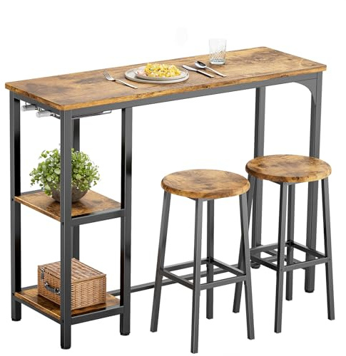Bealife Juego de Mesa de Bar Alta con 2 Taburetes - Mesa Alta para Cocina o Salón con 2 Estantes y Portabotellas de Vino (Retro)