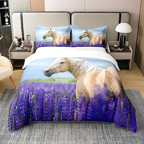 Homemissing Cheval 100% Coton Housse de Couette 220x240cm Lavande Fleurs Ranch Coton Set de Housse de Couette Ferme Cowboy Ranch Parure de lit Plantes Fleurs Literie Set Blanc Violet