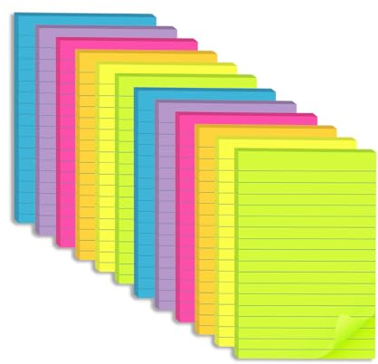 (12 Pack) Lined Sticky Notes 4x6 in,Large Notepads with Lines,Ruled Stickies Super Sticking Power,Office School Memo Note Pads Bright Colors,Post on Windows Doors,Recyclable,Easy to Write on