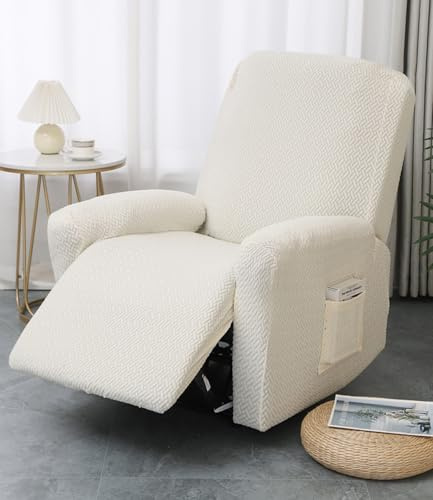 Hearda Funda Sillon Relax Reclinable, Jacquard Beige Funda Sillon Relax 1 Plaza, Elástica 4 Piezas Funda para Sofá Reclinable con Bolsillos Laterales Extraíble
