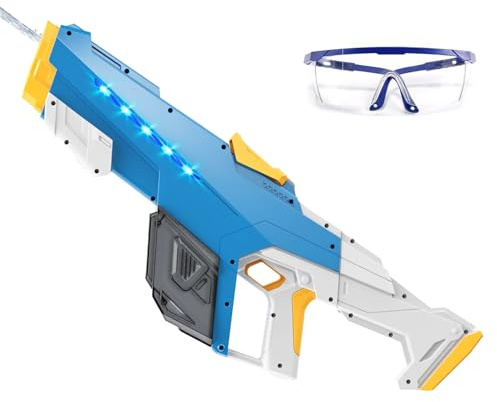 Pistola de Agua Eléctrica,Pistola de Agua de Largo Alcance con luz,Juguete de pulverización a Pilas con Tanque,para Verano Jardin Playa Piscinas Fiesta (Azul Amarillo)