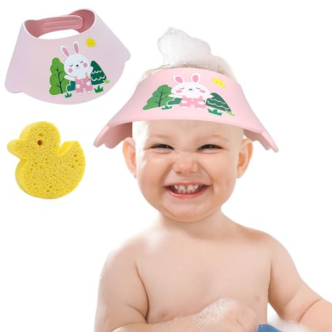 DOINEUFL 2 pezzi cuffia da doccia per bambini e spugna da bagno, con chiusura in velcro regolabile, protezione per occhi, orecchie, naso durante il lavaggio dei capelli (rosa)
