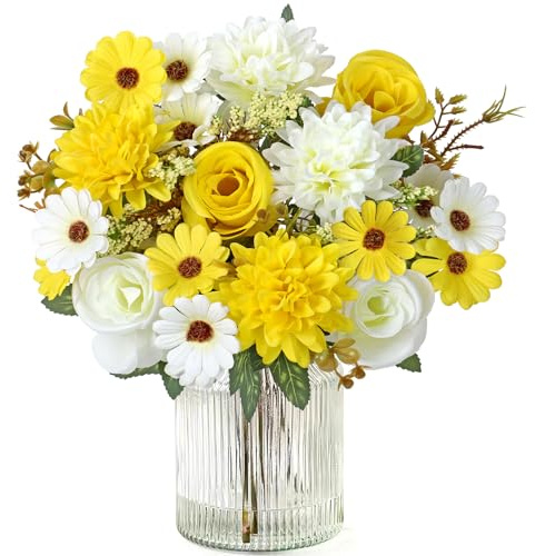 MEIVINES Flores Artificiales 2 Piezas Ramo de Seda de Rosas y Margaritas Artificiales Flores Artificiales Decoracion para Boda, Hogar, Mesa, Fiesta (Blanco Amarillo, 2PCS)
