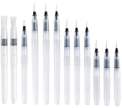 Watercolour Brush Pens, Refillable Water Brush Pen, 12 Assorted Sizes for Painting, Solid Watercolor Water Soluble Pencils Art Drawing Sketching Illustration and Daily Creation