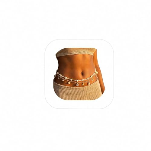 AOSWUD 2 unidades Cadena de Cintura mujer dorada,Cinturón dorado mujer Ajustable estilo Bohemio con Perlas conchas y estrellas de mar,Waist Chain Body Chain para playa verano