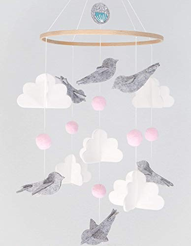 Mobile Bébé en Bois + Pelote de Laine,Mobile Bébé Bois Mobile Lit Carillon Éolien,Cloche de lit Mobile en Feutre pour Bébé,Bébé Carillons Éoliens,Lit Boules de Feutre,Mobile Musical pour lit de Bébé