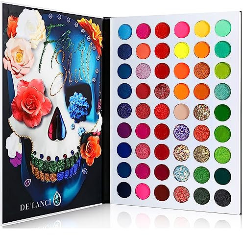 DE'LANCI La Catrina Makeup Palette Palette di ombretti professionali a 54 colori - Kit per il trucco in polvere glitter opachi a lunga durata - Palette di ombretti colorati glow in the dark