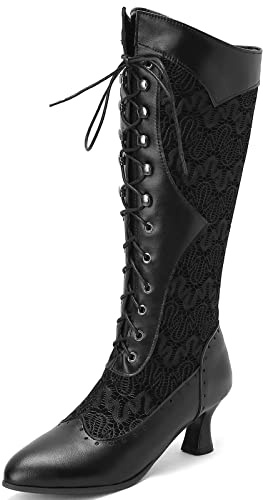 Mo Joc Women Lace up Knee High Boots with Kitten Heel and Pointed Toe