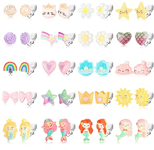 CASSIECA 20 Paare Clip On Ohrring Ohrclips für Mädchen Kinder Keine Durchbohrten Prinzessin Ohrringe Geschenk Spielen Blume Herz Verkleiden sich Schmuck