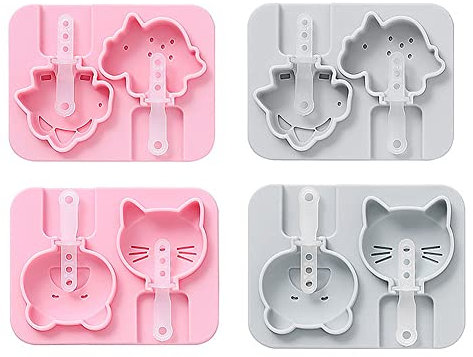 CANDeal 4er-Pack Käsespießform, Jumbo-Katze, Dinosaurier, Bär, Silikon-Lollipop-Form, Silikon-EIS-Pop-Formen, 2 Hohlräume, Hausgemachtes EIS Am Stiel, Eisform, Tiere Mit 8 Wiederverwendbaren Stäbchen