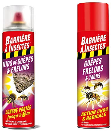 BARRIERE A INSECTES Aérosol contre les Guêpes, Frelons Spécial Nids, Prêt à l'emploi, 500 ml, BARGUEPE500 & Aérosol contre les Guêpes, Frelons, Taons, Prêt à l'emploi, 400 ml, BARGUEP400