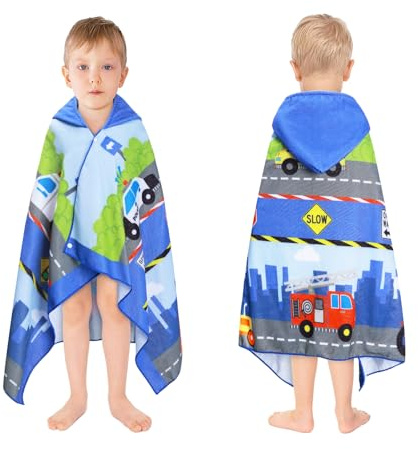 decalsweet Toalla Infantil con Capucha, Toalla de Playa de Microfibra, Suave Absorbente Grande Toalla de Baño Poncho Toalla Piscina Infantil Niño y Niña 127 x 76 cm(Coche de Tráfico)