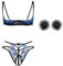 KFLY Bra and Panties Set Lace Floral Embroidery Lingerie Set 1/4 Cup Push Up Shelf Bra with Thong Nipple Covers 3 Pieces Underwear Nightwear for Valentine's Day Anniversaries (Blue)