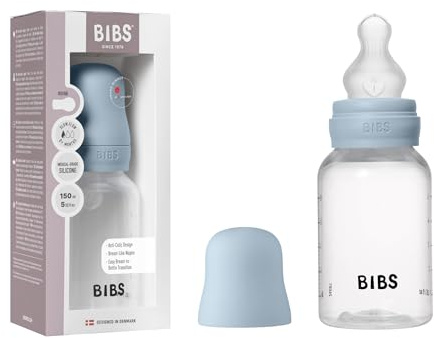 BIBS Baby Bottle 150 ml Silicone Nipple - Anti-Colic, BPA-Free, Round Nipple, Slow Flow, Lightweight & Easy to Clean, Suitable for Newborns 0+ Years - Baby Blue