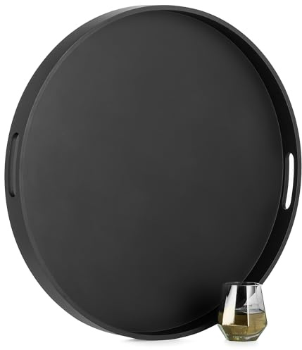 Hanobe Large Decorative Serving Tray: Modern Round Black Ottoman XXL Wooden Trays Decor with Handles for Living Room Footstool Coffee Table Display