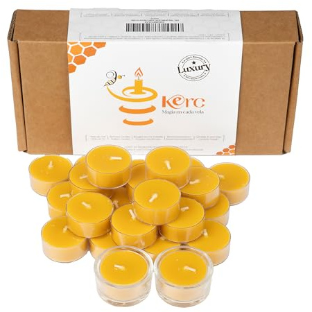 KERC - Bougies en miel, 24 bougies chauffe-plat + 2 bougeoirs en verre. Petite bougie au miel pour 96 h de lumière. Bougie naturelle 100 % douce parfumée. Purifier les espaces, cadeaux spirituels et