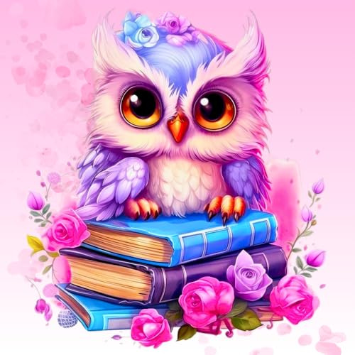Picmondoo Diamond Painting - 30 x 30 cm - Library Owl | Square resin stones, AB stones, rhinestones & metallic colours, clear grid, pen, wax & bowl for relaxed DIY