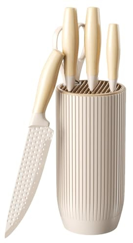 Crynvor 6 Pièces Set Couteaux de Cuisine avec Bloc Couteaux, Set de Couteaux de Cuisine, Ensembles de Couteaux de Cuisine, Ensemble de Couteaux pour La Viande, Les Légumes et Les Fruits(Blanc Cassé)