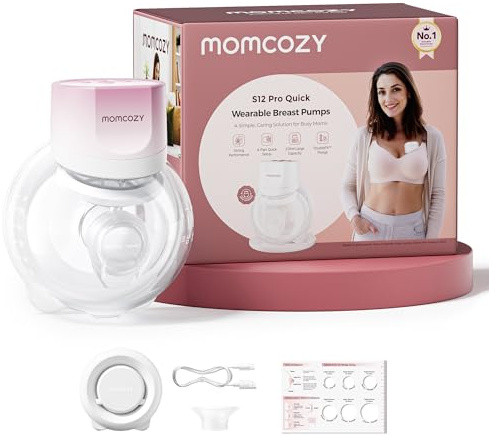 Momcozy Breast Pump S12 Pro Quick, Hands-Free Wearable & Wireless Pump, with DoubleFit™ Hybrid Flange, 3 Modes & 9 Levels Electric Pump Portable, Smart Display, 1 Count, Cozy Pink