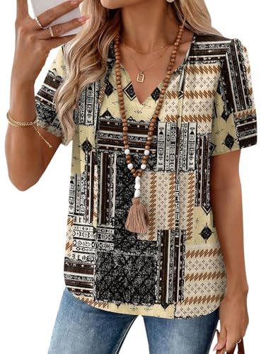 LOMON Spring Blouses Beach Shirts for Women V Neck Puff Sleeve Tie Front Linen Tops Business Casual (Brown Ethnic,XL)