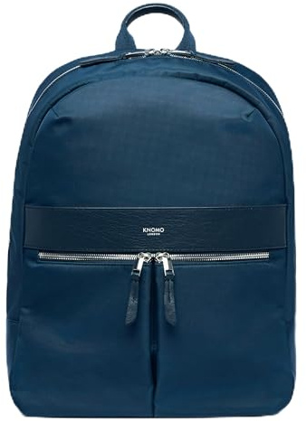KNOMO Beauchamp 14-inch Work Laptop Backpack for Women- Slim Water-Resistant Business Rucksack with Leather Trim, RFID Protection, Hidden Pockets, and Trolley Sleeve-Navy/Silver