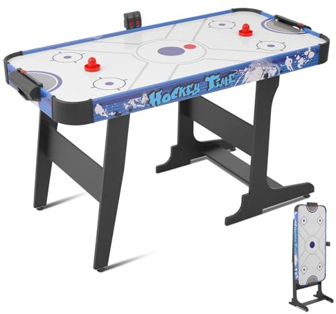 RAYKEEP 58 Folding Indoor Hockey Game Table, Foldable Air Hockey Table for Adults&Kids, Portable Arcade Game Set w/ 2 Pushers, 2 Pucks, Powerful by 12V Motor for Game Room,LED Scorer, Home, Office