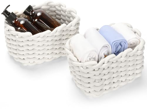 Cozary Pack de 2 Cestas de Almacenamiento de Algodón Tejido, Cestas Cuadradas Blancas para Baño, Escritorio y Mesita de Noche, Organizadores Decorativos para Cosméticos y Juguetes, 20x14x12.5cm