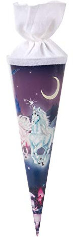goldbuch 93 579 Geschwistertüte Einhorn, Schultüte mit Einhornmotiv, Lackkarton, Geschenkverpackung mit weißem Filzverschluss (ohne Verschlussband), Zuckertüte rund, Länge 35 cm, Ø 11,5 cm, Violett
