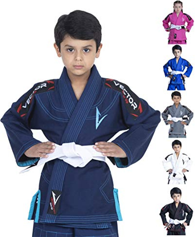 Vector Kids Brazilian Jiu Jitsu BJJ Gi 100% Cotton Pearl Weave Kimono Ultra Lightweight Preshrunk Fabric (Navy, K1)