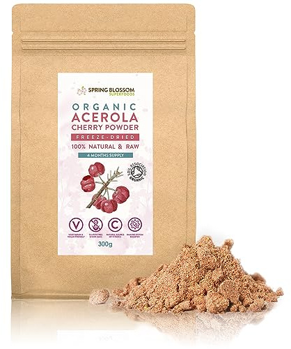 300g Organic Acerola Cherry Powder Freeze-Dried 100% Natural Vitamin C Raw Extract Food Supplement Immune System Booster Vegan Gluten-Free Superfood Ascorbic Acid Alternative No Additives Non-GMO