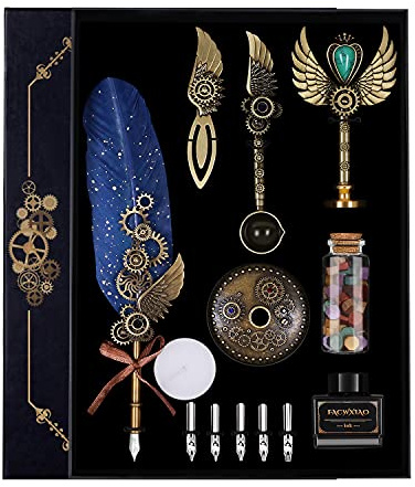 Facwxiao Quill Pen and Ink Set,Feather Pen Set for Calligraphy,Christmas Gift for Handwriting Lovers, Birthday Gift(Bule)