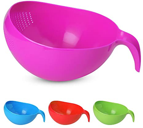 KSJONE Heavy Duty Rice Washer Strainer Colander Washing Bowl with Handle Vegetable/Rice Washer Strainer for Cleaning Fruits, Vegetables, and Beans 2.1 Qt (2L) (Pink)