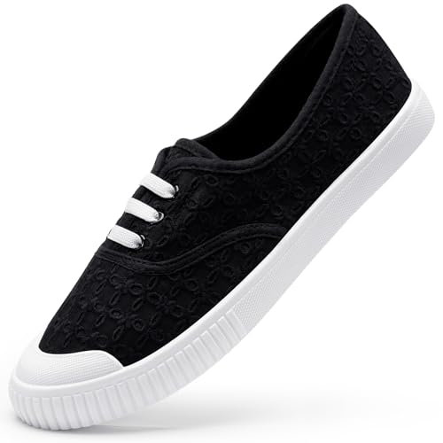 Harvest Land Womens Canvas Shoes Low Top Flat Gym Sports Pumps Trainers Lace Up Flat Ladies Girls Fashion Pumps Black UK 7.5