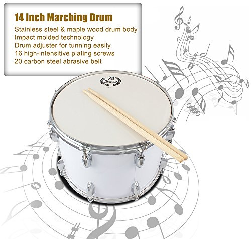 FUNFANG Marching Snare Drum, Maple Wood, White, 14 inch, Professional, Clear Sound, Includes Drum Key, 2 Drum Sticks, Adjustable Strap