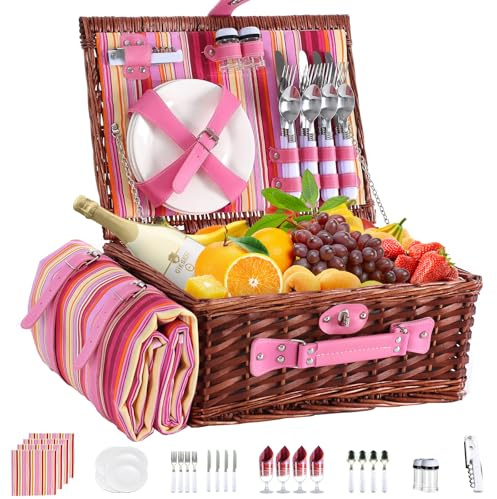 YPshuye Picnic Basket Set for 4 with Waterproof Blanket Mat Insulation Bag Wicker Pink Stripe Classic Fresh Gift for Christmas Thanksgiving Wedding Birthday Camp Outdoor Beach Travel