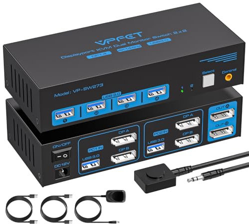 AILVLVNG 4K144Hz Displayport KVM Switch 2 PC 2 Monitore 8K60Hz USB 3.0 KVM-Switches für 2 Desktop teilen Sich 2 Monitor und 4 USB 3.0-Anschlüsse wie Tastaturen Mäuse Drucker Inklusive Mini Controller